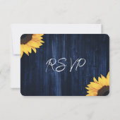 Navy Blue Sunflower String Lights Wood Wedding 出欠カード (裏面)