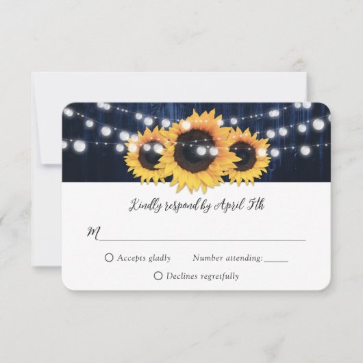 Navy Blue Sunflower String Lights Wood Wedding 出欠カード (正面)