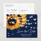 Navy Blue Sunflower Wedding Save The Date Postcard 案内ポストカード (正面/裏面)