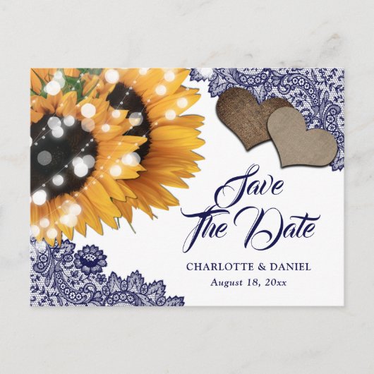 Navy Blue Sunflower Wedding Save The Date Postcard 案内ポストカード (正面)