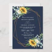 navy blue Sunflower white peony qr code wedding 招待状 (正面)