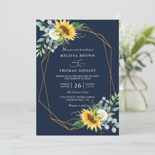 navy blue Sunflower white peony qr code wedding 招待状 (スタンド正面)