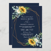 navy blue Sunflower white peony qr code wedding 招待状 (正面/裏面)