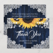 Navy Blue Sunflower Wood Elegant Script Wedding サンキューカード (正面/裏面)