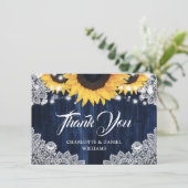 Navy Blue Sunflower Wood Elegant Script Wedding サンキューカード (スタンド正面)