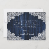 Navy Blue Sunflower Wood Elegant Script Wedding サンキューカード (裏面)