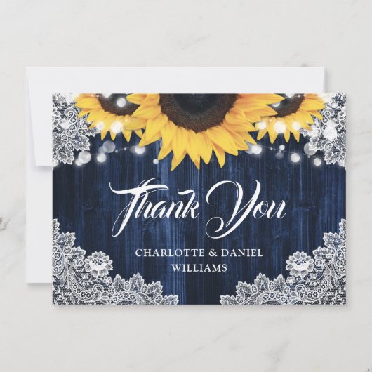 Navy Blue Sunflower Wood Elegant Script Wedding サンキューカード (正面)