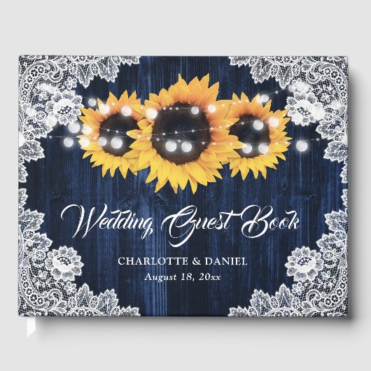 Navy Blue Sunflower Wood Floral Lace Wedding ゲストブック (正面)