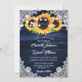 Navy Blue Sunflower Wood Floral Lace Wedding 招待状