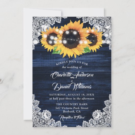 Navy Blue Sunflower Wood Floral Lace Wedding 招待状 (正面)