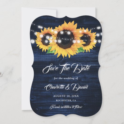 Navy Blue Sunflower Wood String Lights Wedding セーブザデート (正面)