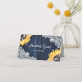 Navy Blue Sunflower Wood String Lights Wedding プレイスカード (裏面)