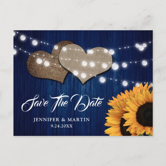 Navy Blue Sunflower Wood String Lights Wedding ポストカード (正面)