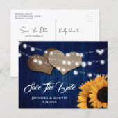 Navy Blue Sunflower Wood String Lights Wedding ポストカード (正面/裏面)