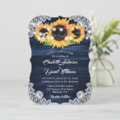 Navy Blue Sunflower Wood String Lights Wedding 招待状 (スタンド正面)