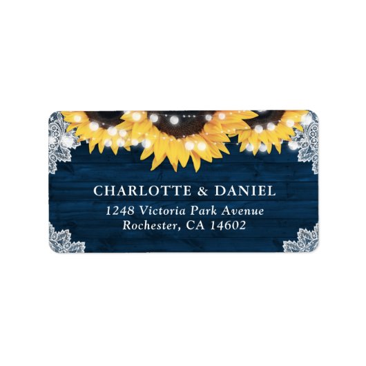 Navy Blue Sunflower Wood Wedding Address Labels ラベル (正面)
