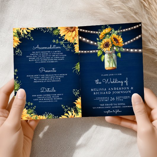 Navy Blue Sunflowers Mason Jar QR Code Wedding 招待状
