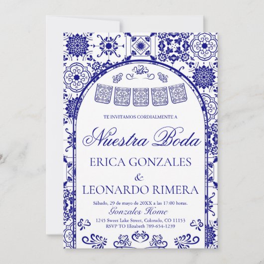 Navy Blue Talavera Papel Picado Spanish Wedding 招待状 (正面)