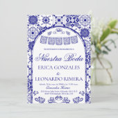 Navy Blue Talavera Papel Picado Spanish Wedding 招待状 (スタンド正面)