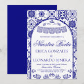 Navy Blue Talavera Papel Picado Spanish Wedding 招待状 (正面/裏面)
