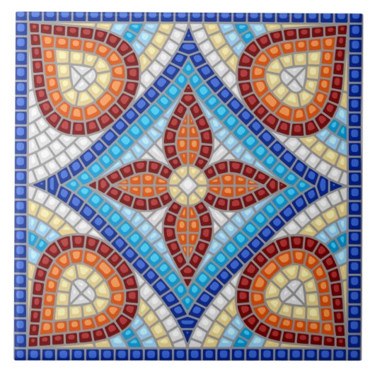 Navy Blue Teal White Red Marble Moroccan Mosaic  タイル (正面)