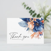 Navy Blue Terracotta Floral Elegant Wedding サンキューカード (スタンド正面)