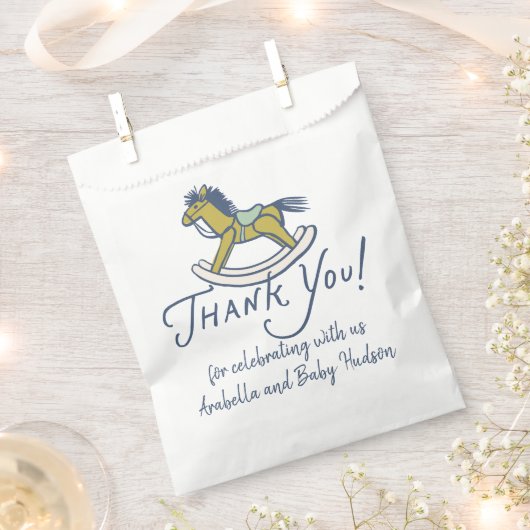 Navy Blue Thank You Rocking Horse Baby Shower フェイバーバッグ (クリップ留めされた状態)