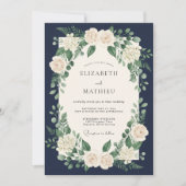 Navy Blue Timeless Botanical Wedding 招待状 (正面)