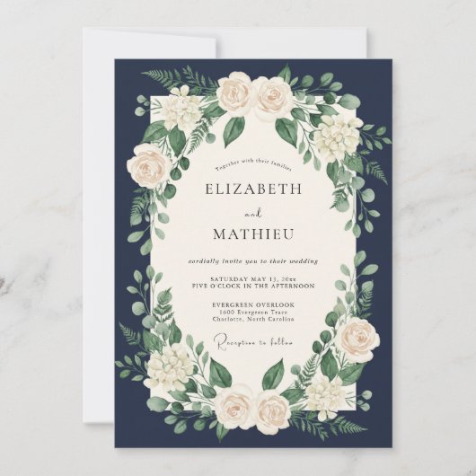 Navy Blue Timeless Botanical Wedding 招待状 (正面)