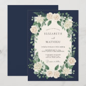 Navy Blue Timeless Botanical Wedding 招待状 (正面/裏面)