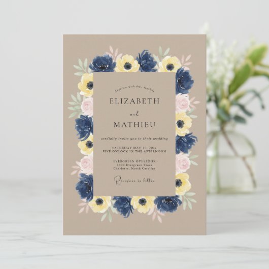 Navy Blue Tranquil Botanical Wedding 招待状 (スタンド正面)