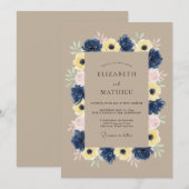 Navy Blue Tranquil Botanical Wedding 招待状 (正面/裏面)