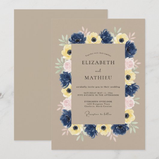 Navy Blue Tranquil Botanical Wedding 招待状 (正面/裏面)