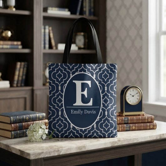 Navy Blue Trellis Monogram Personalized Custom トートバッグ