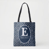 Navy Blue Trellis Monogram Personalized Custom トートバッグ (正面)