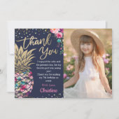 Navy Blue Tropical Pink Gold Pineapple Photo サンキューカード (正面)