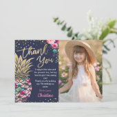 Navy Blue Tropical Pink Gold Pineapple Photo サンキューカード (スタンド正面)