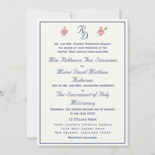 Navy-Blue Two Hearts Catholic Wedding 招待状 (正面)