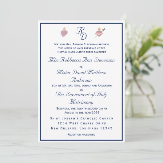 Navy-Blue Two Hearts Catholic Wedding Invitation 招待状 (スタンド正面)