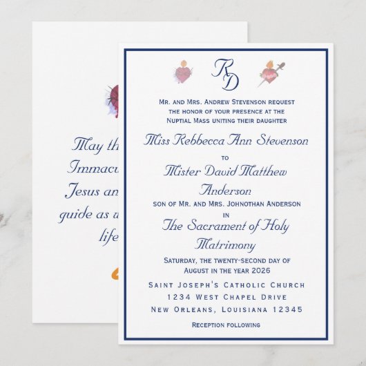 Navy-Blue Two Hearts Catholic Wedding Invitation 招待状 (正面/裏面)
