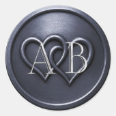 Navy Blue Two Hearts Silver Monogram Wedding  ラウンドシール (正面)