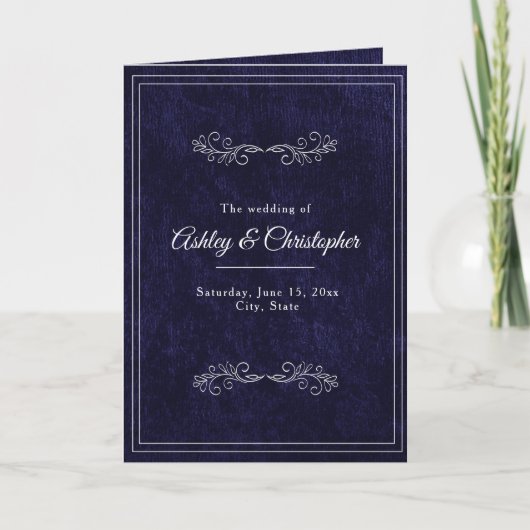 Navy Blue Velvet White Folded Wedding Program プログラム (正面)