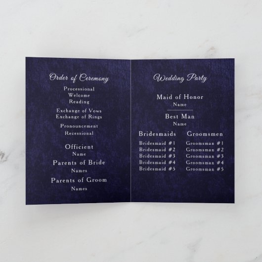 Navy Blue Velvet White Folded Wedding Program プログラム (内部)