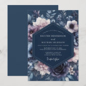 Navy Blue Velvety Botanical Wedding 招待状 (正面/裏面)
