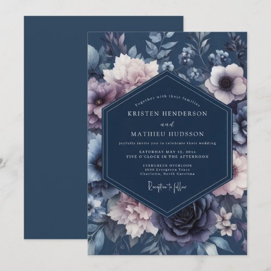 Navy Blue Velvety Botanical Wedding 招待状 (正面/裏面)