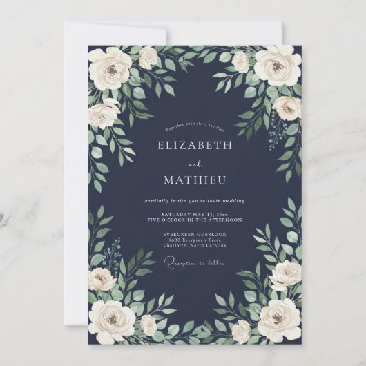 Navy Blue Verdant Botanical Wedding 招待状 (正面)