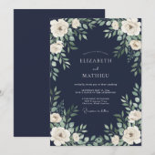Navy Blue Verdant Botanical Wedding 招待状 (正面/裏面)