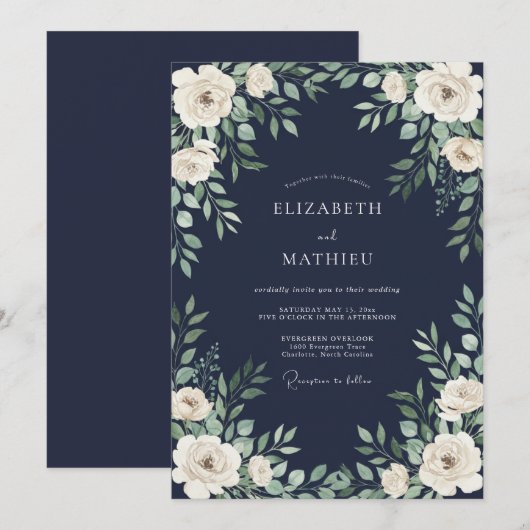 Navy Blue Verdant Botanical Wedding 招待状 (正面/裏面)