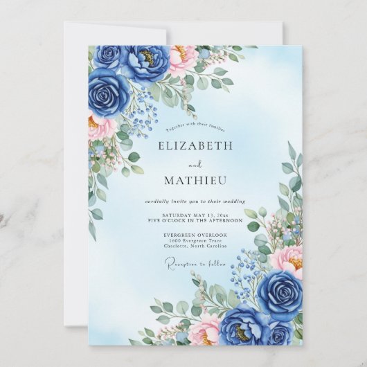 Navy Blue Verdant Spring Wedding 招待状 (正面)