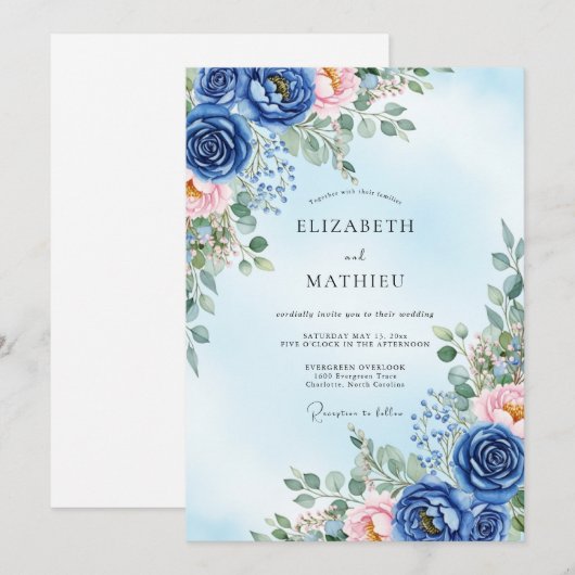 Navy Blue Verdant Spring Wedding 招待状 (正面/裏面)